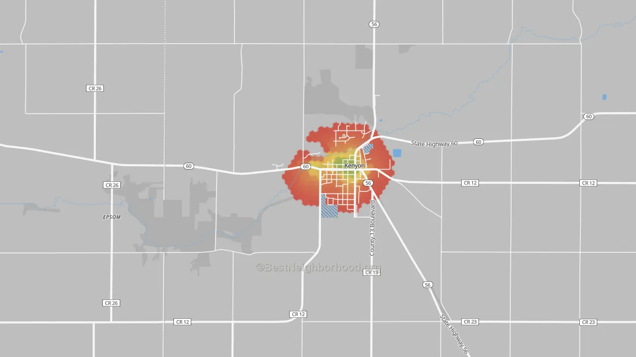 Walk Grade map of Moland, MN, walkable areas in green and car-dependent areas in red
