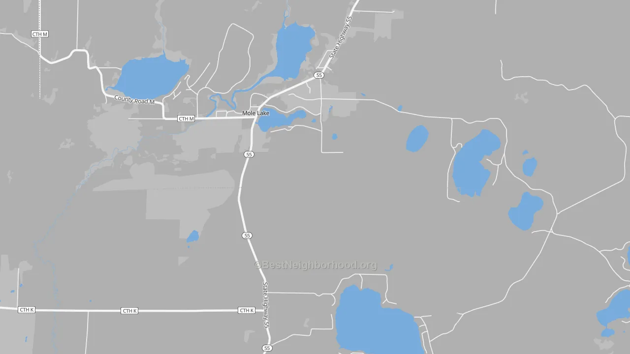 Walk Grade map of Mole Lake, WI, walkable areas in green and car-dependent areas in red