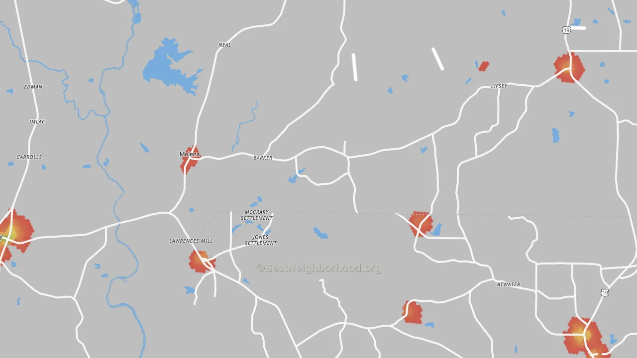 Walk Grade map of Molena, GA, walkable areas in green and car-dependent areas in red