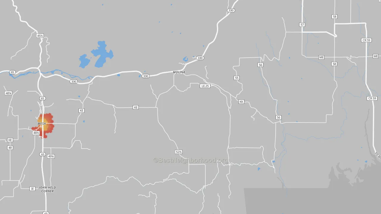 Walk Grade map of Molina, CO, walkable areas in green and car-dependent areas in red