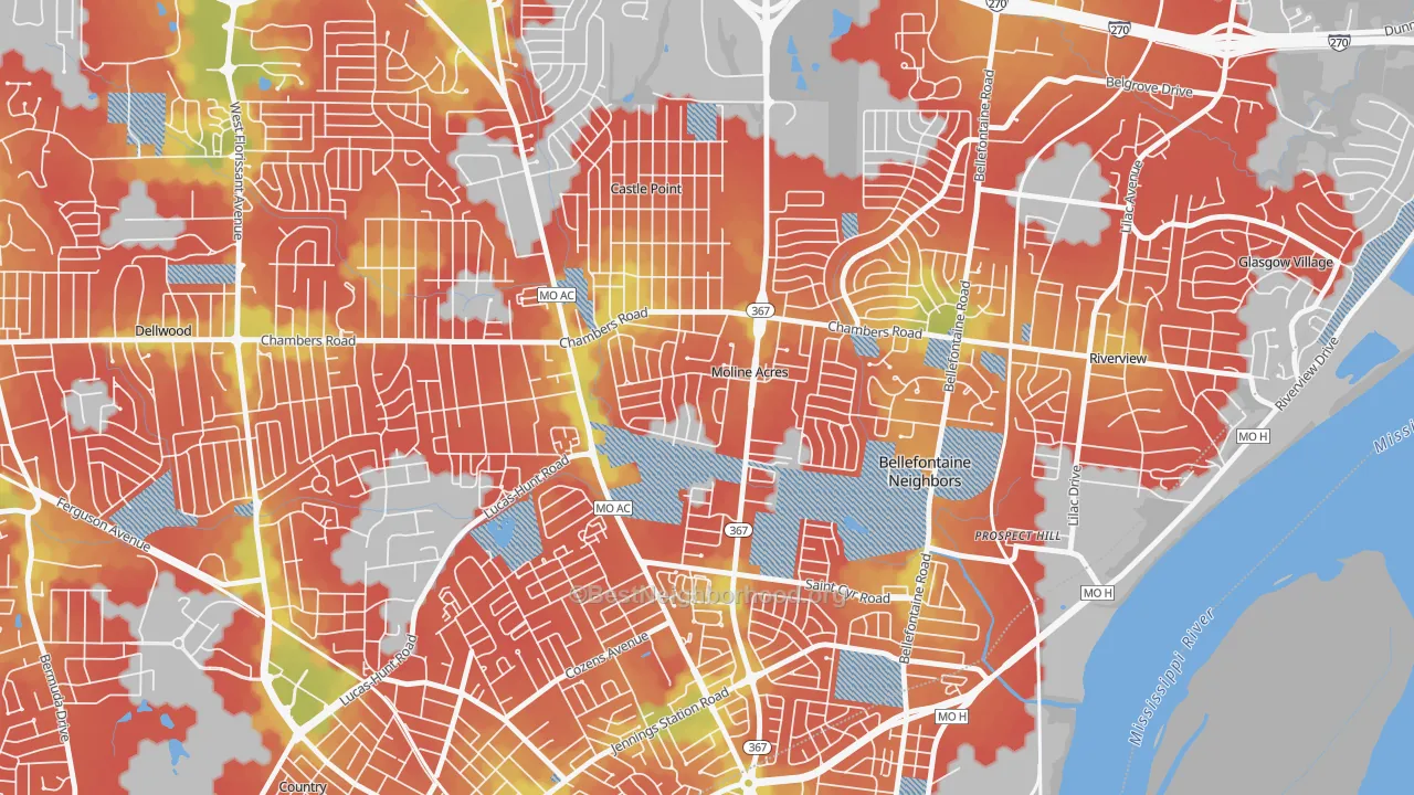 Walk Grade map of Moline Acres, MO, walkable areas in green and car-dependent areas in red