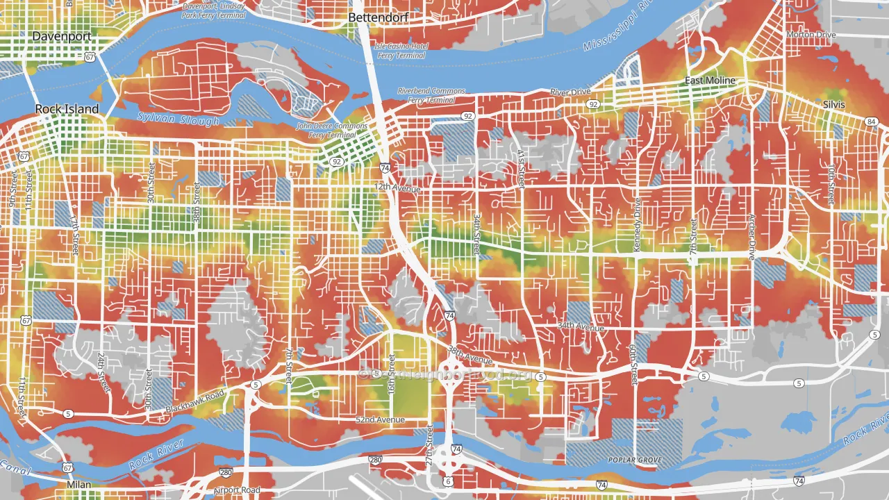 Walk Grade map of Moline, IL, walkable areas in green and car-dependent areas in red