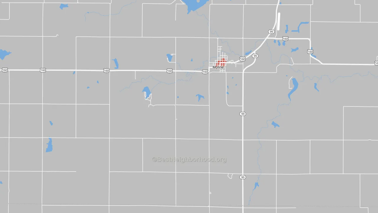 Walk Grade map of Moline, KS, walkable areas in green and car-dependent areas in red
