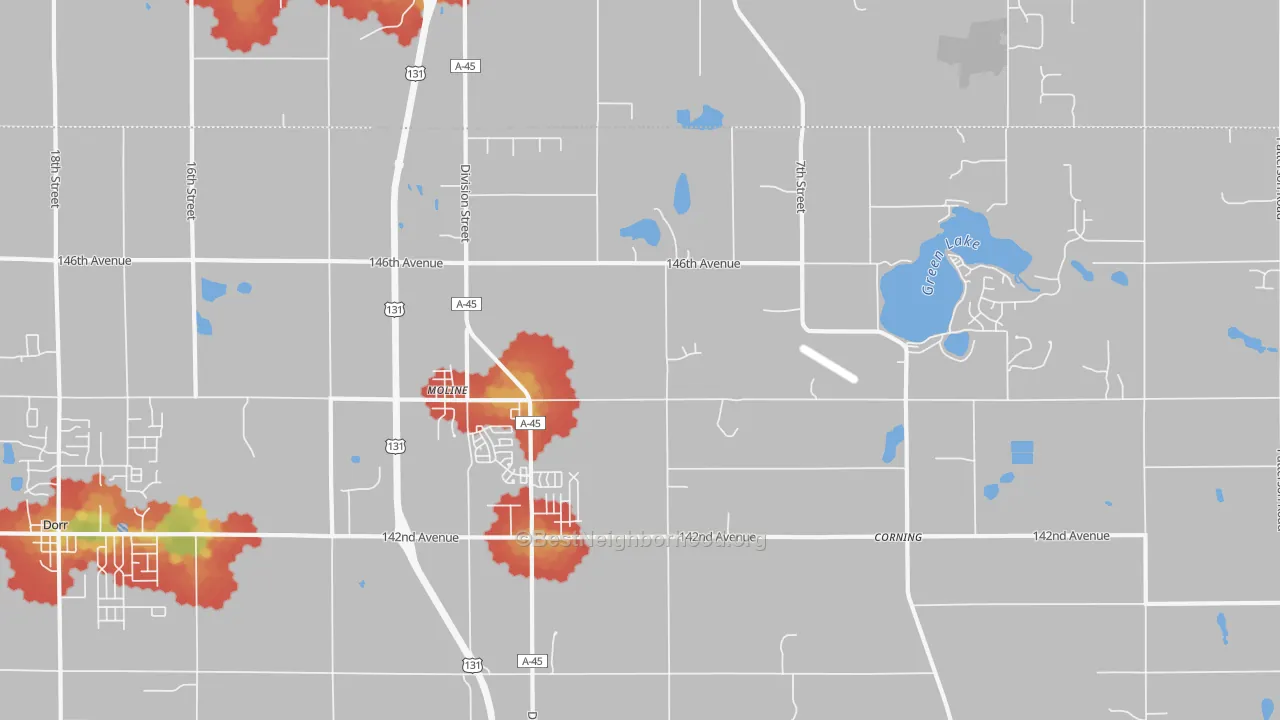 Walk Grade map of Moline, MI, walkable areas in green and car-dependent areas in red
