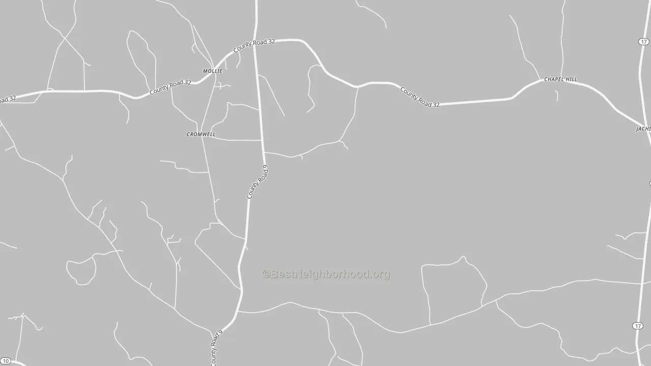 Walk Grade map of Mollie, AL, walkable areas in green and car-dependent areas in red