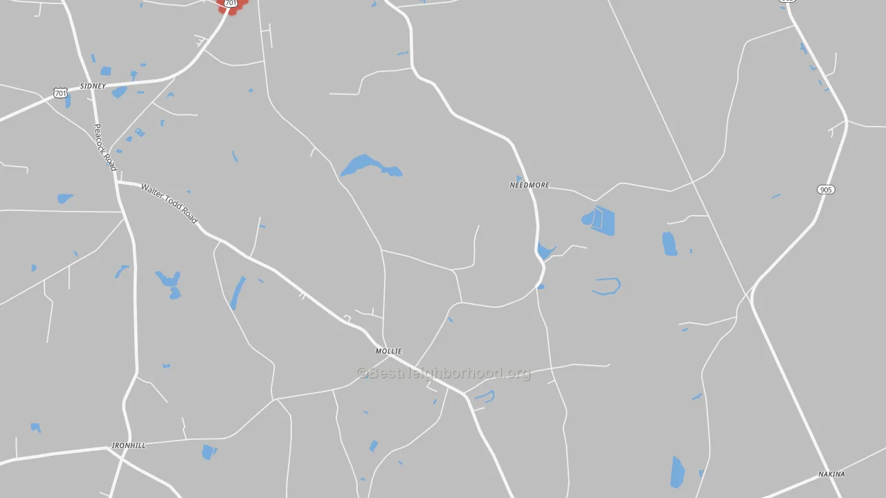 Walk Grade map of Mollie, NC, walkable areas in green and car-dependent areas in red