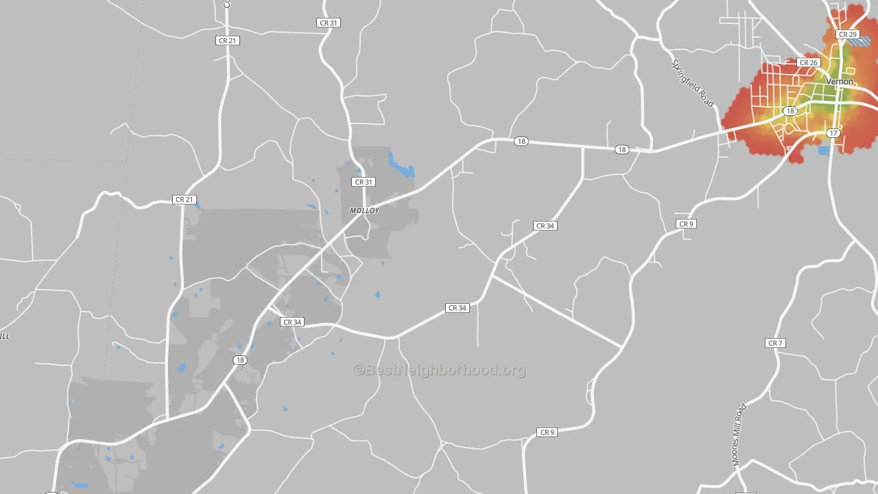 Walk Grade map of Molloy, AL, walkable areas in green and car-dependent areas in red