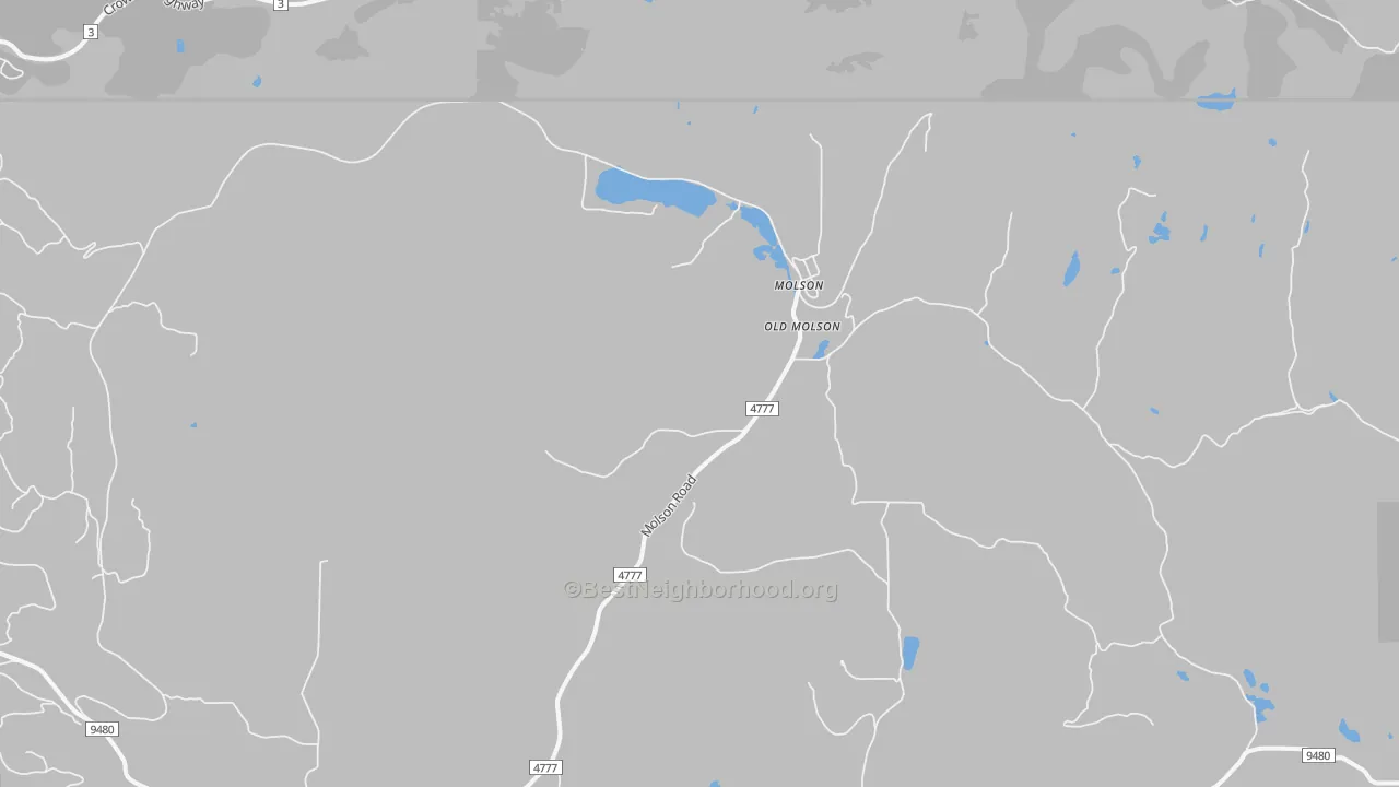 Walk Grade map of Molson, WA, walkable areas in green and car-dependent areas in red