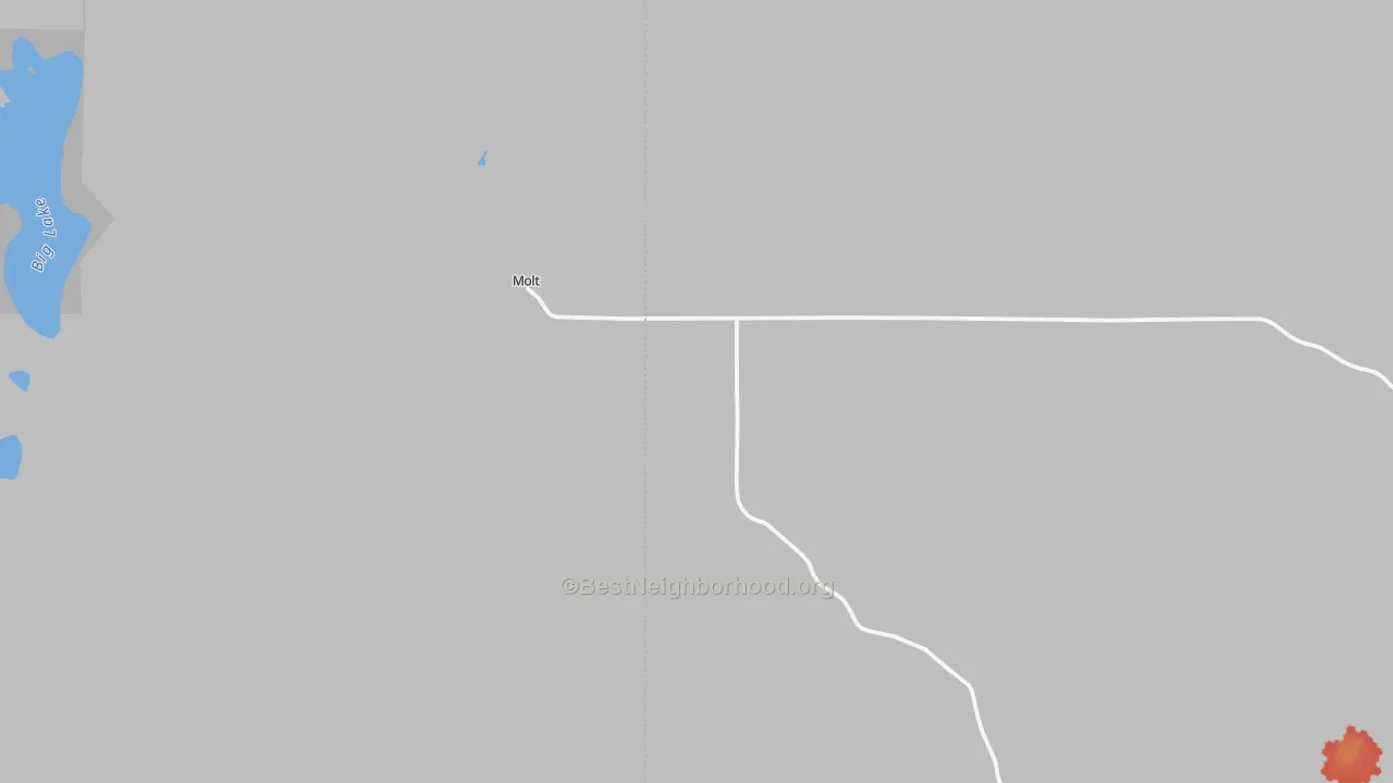 Walk Grade map of Molt, MT, walkable areas in green and car-dependent areas in red