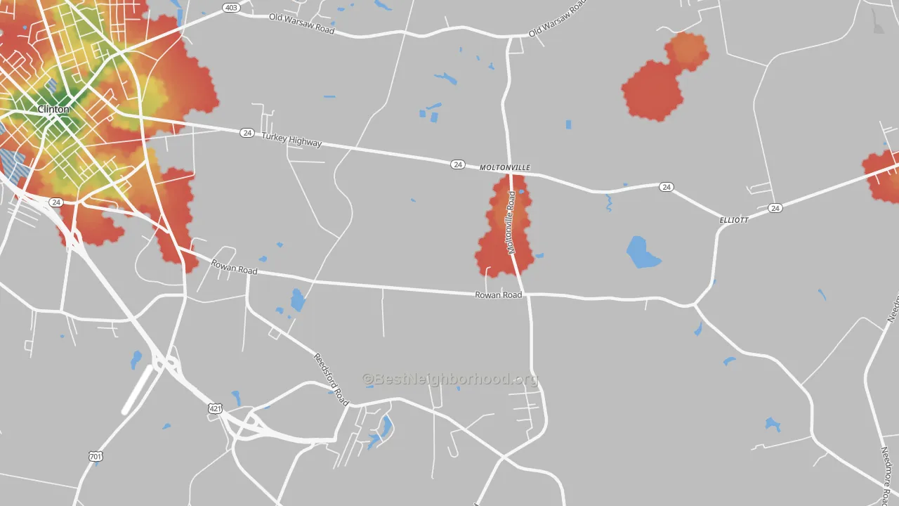 Walk Grade map of Moltonville, NC, walkable areas in green and car-dependent areas in red