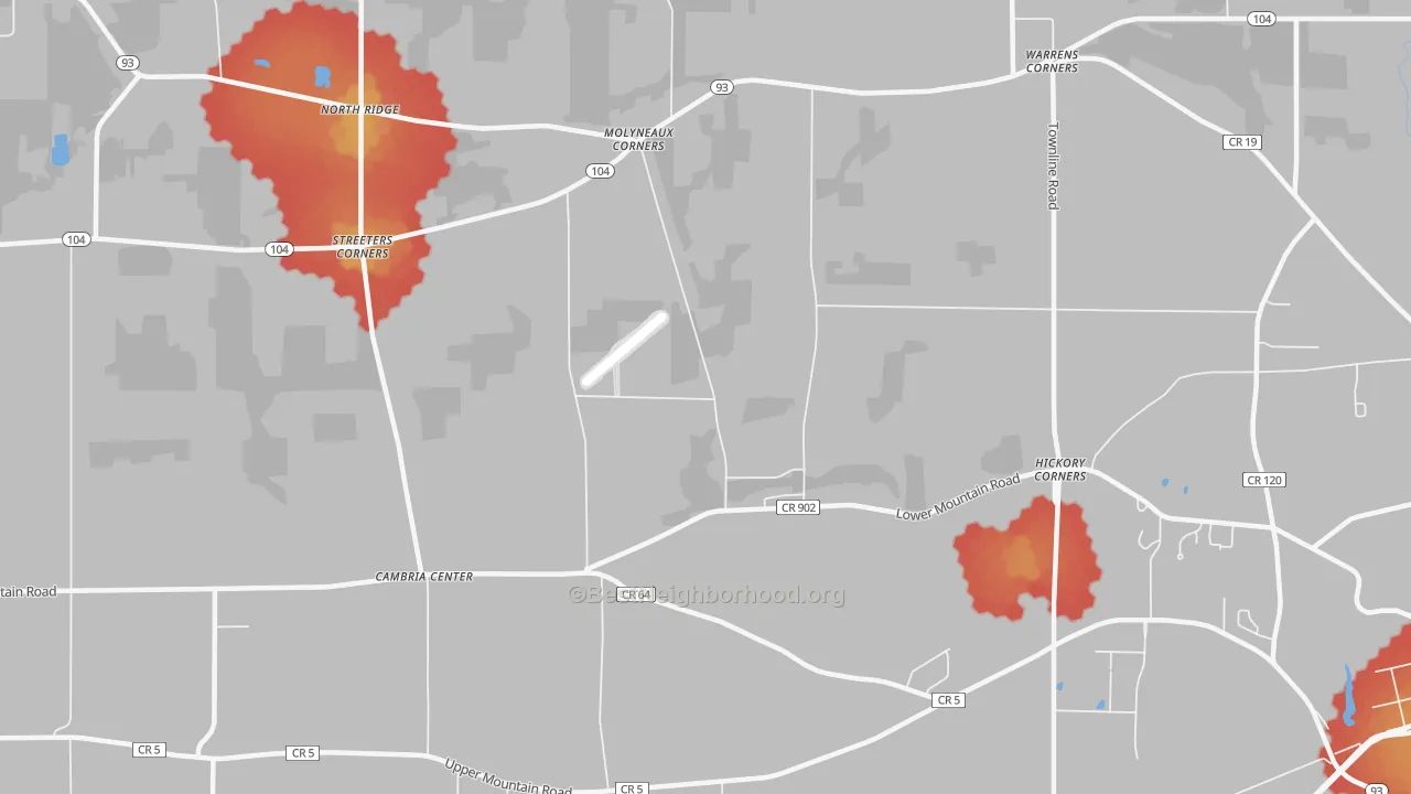 Walk Grade map of Molyneaux Corners, NY, walkable areas in green and car-dependent areas in red