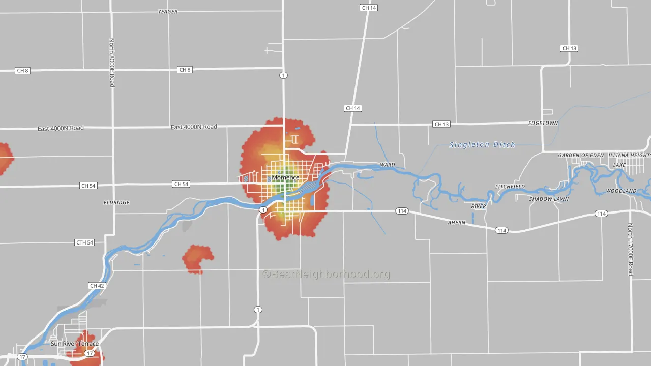 Walk Grade map of Momence, IL, walkable areas in green and car-dependent areas in red