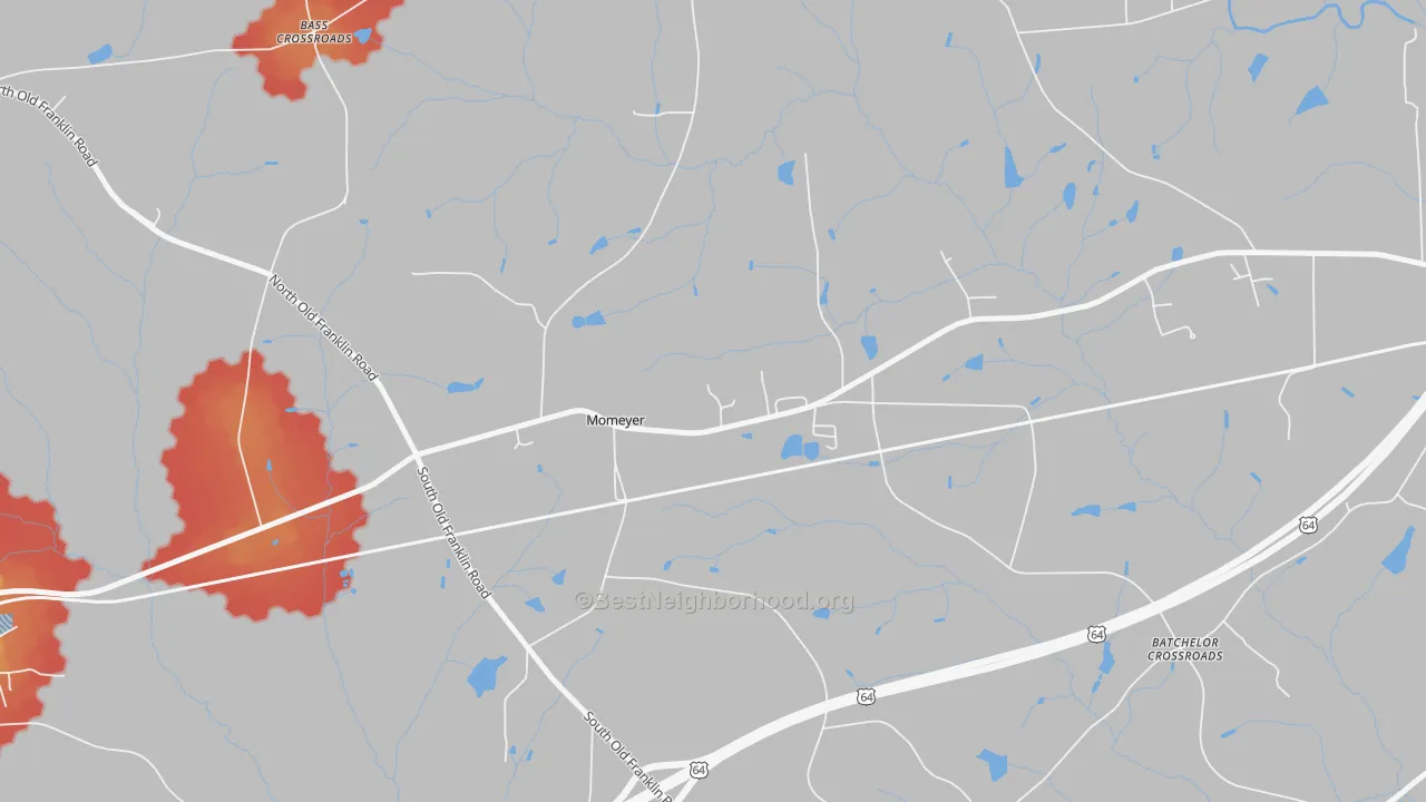 Walk Grade map of Momeyer, NC, walkable areas in green and car-dependent areas in red