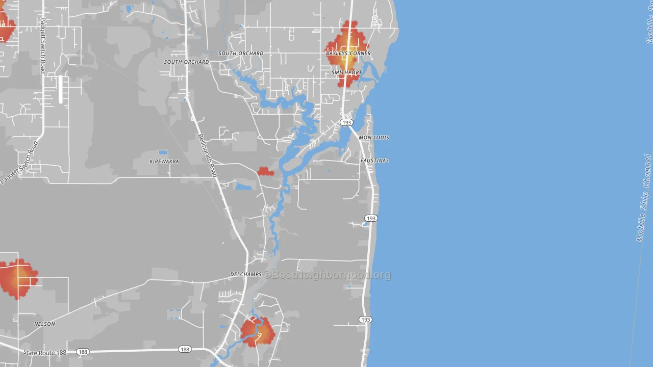 Walk Grade map of Mon Louis, AL, walkable areas in green and car-dependent areas in red