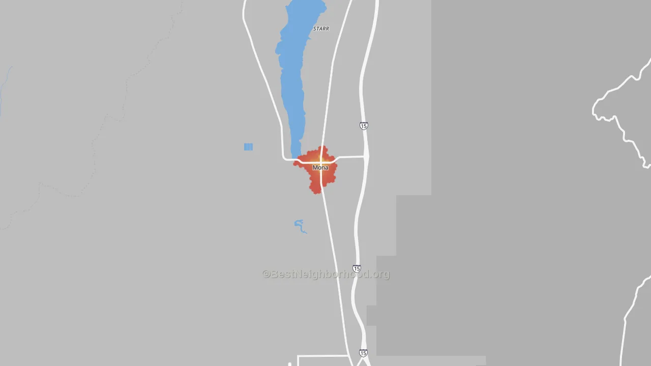Walk Grade map of Mona, UT, walkable areas in green and car-dependent areas in red