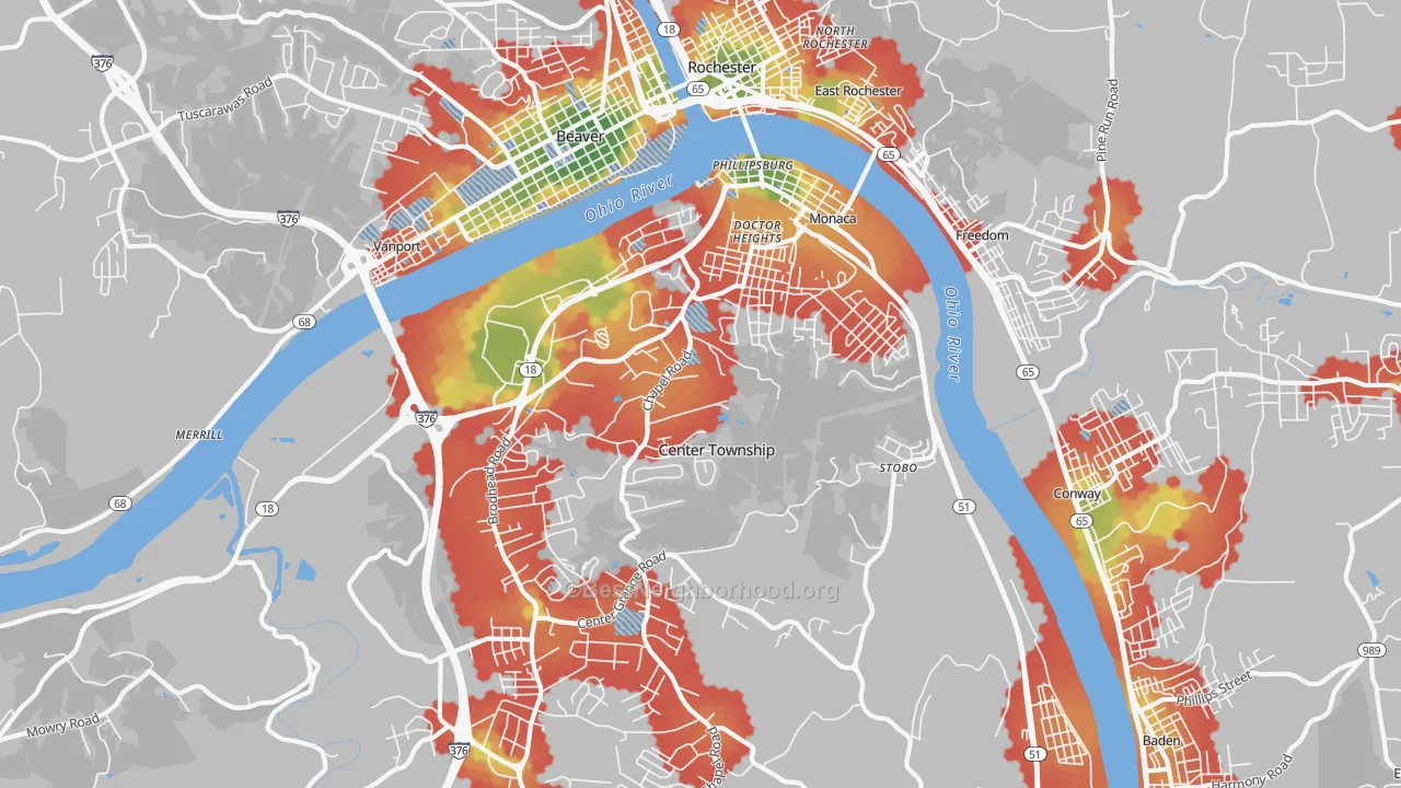 Walk Grade map of Monaca, PA, walkable areas in green and car-dependent areas in red