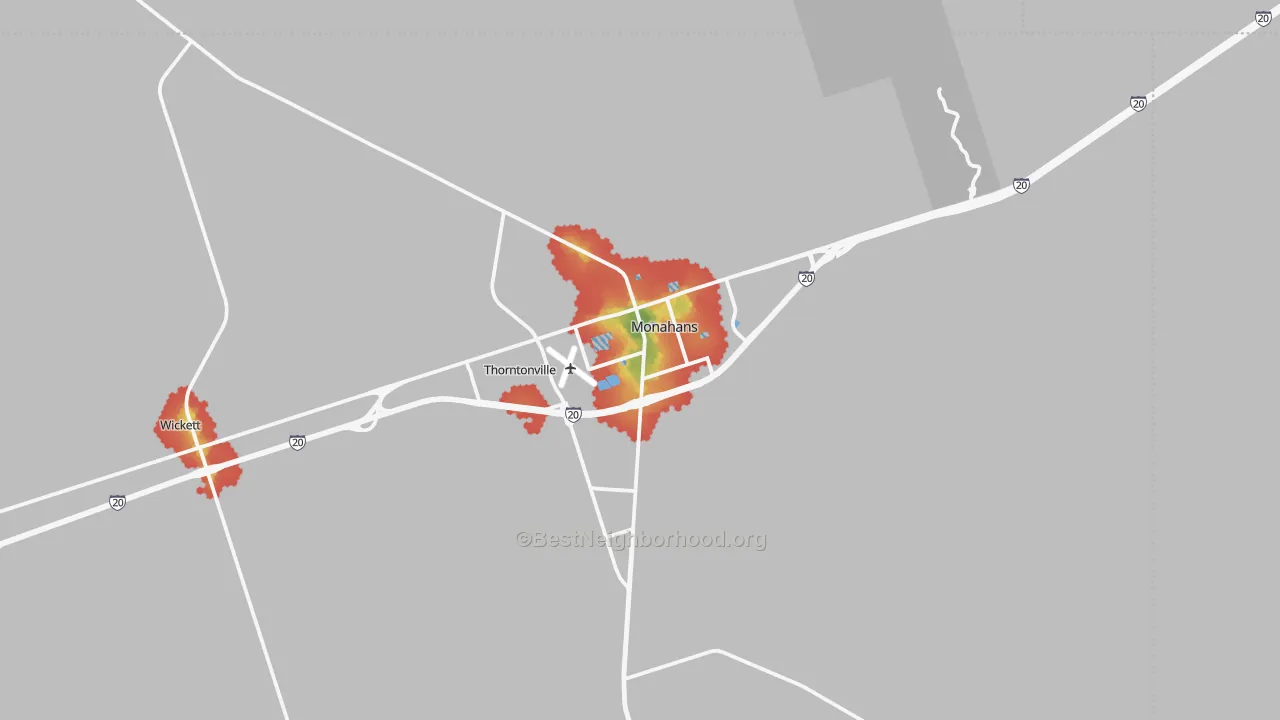 Walk Grade map of Monahans, TX, walkable areas in green and car-dependent areas in red