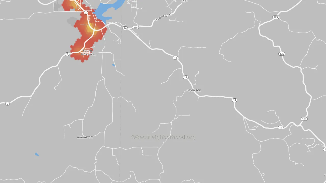 Walk Grade map of Monarch, AR, walkable areas in green and car-dependent areas in red