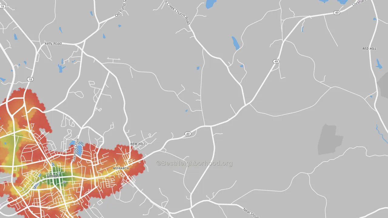 Walk Grade map of Monarch, SC, walkable areas in green and car-dependent areas in red