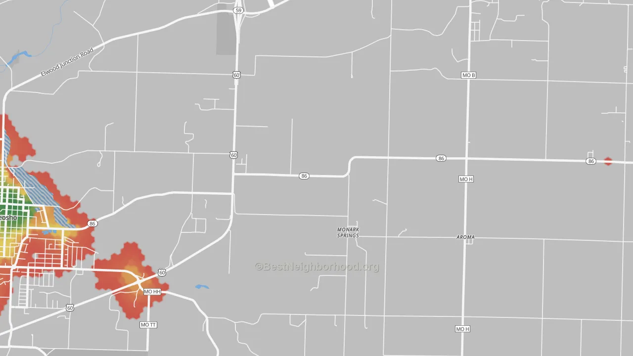 Walk Grade map of Monark Springs, MO, walkable areas in green and car-dependent areas in red