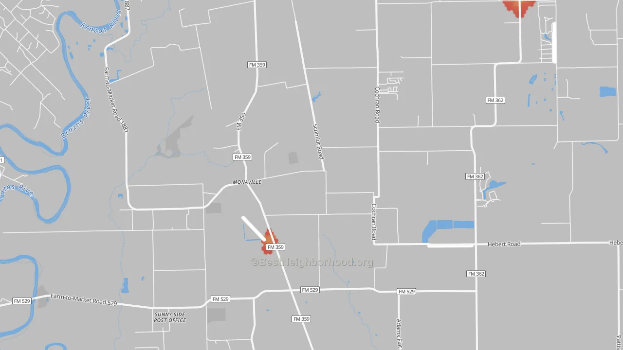 Walk Grade map of Monaville, TX, walkable areas in green and car-dependent areas in red
