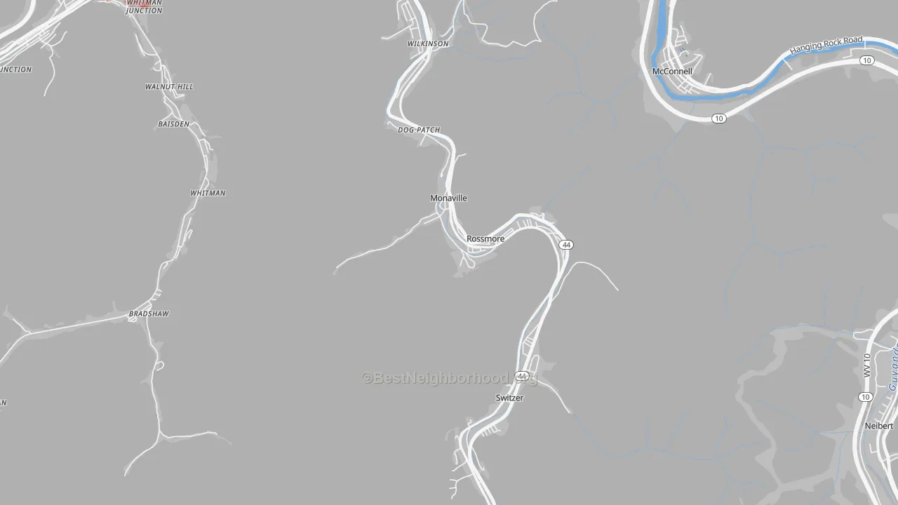 Walk Grade map of Monaville, WV, walkable areas in green and car-dependent areas in red