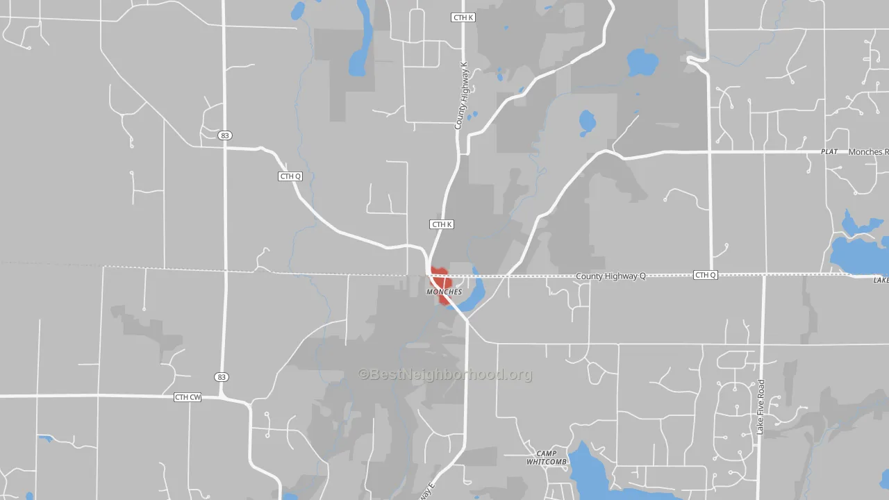 Walk Grade map of Monches, WI, walkable areas in green and car-dependent areas in red