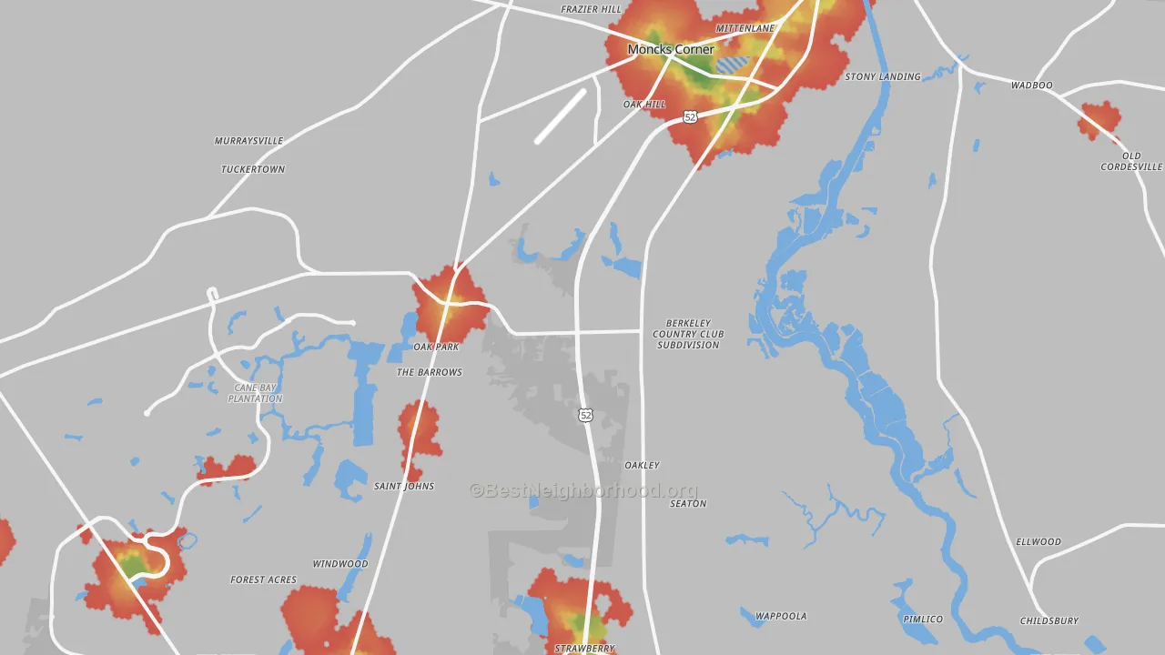 Walk Grade map of Moncks Corner, SC, walkable areas in green and car-dependent areas in red