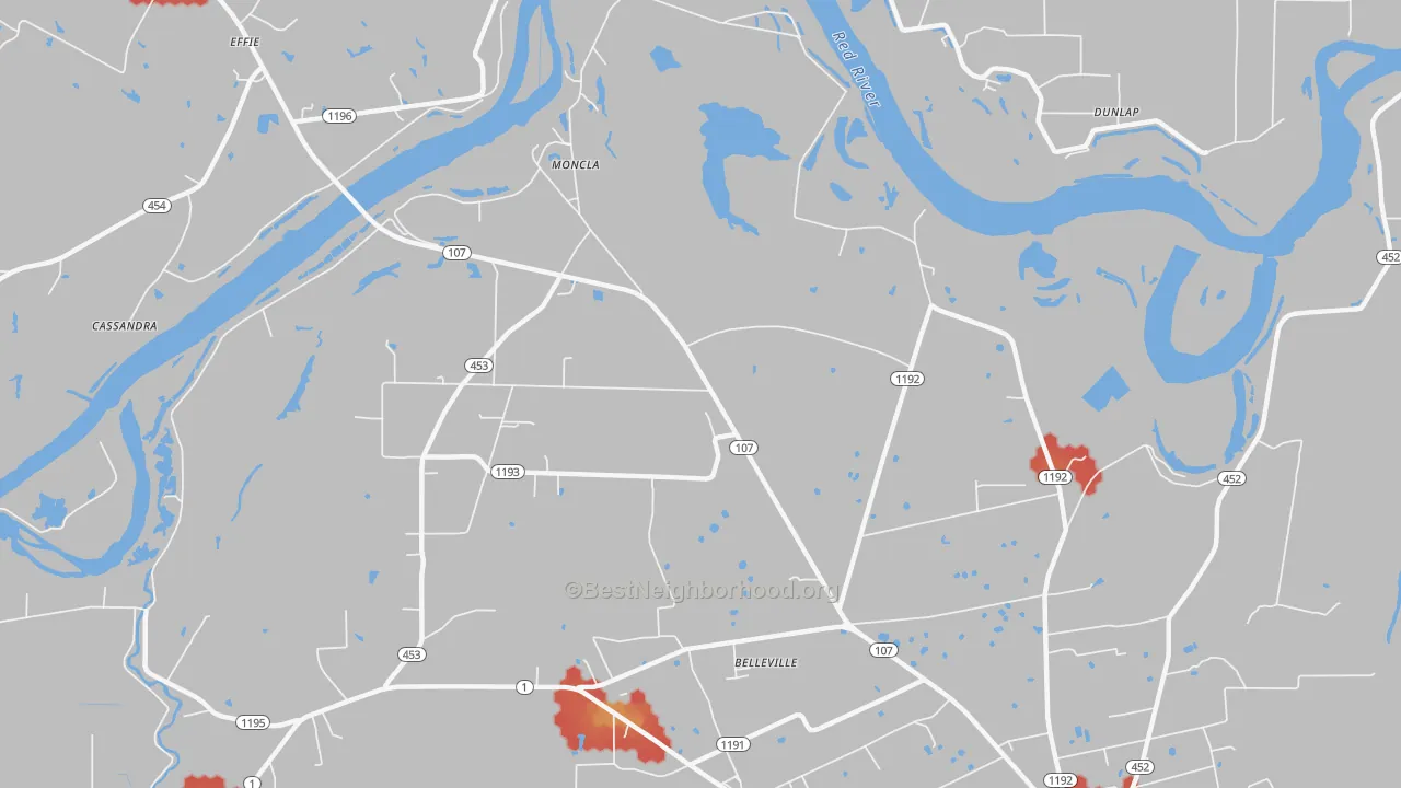 Walk Grade map of Moncla, LA, walkable areas in green and car-dependent areas in red