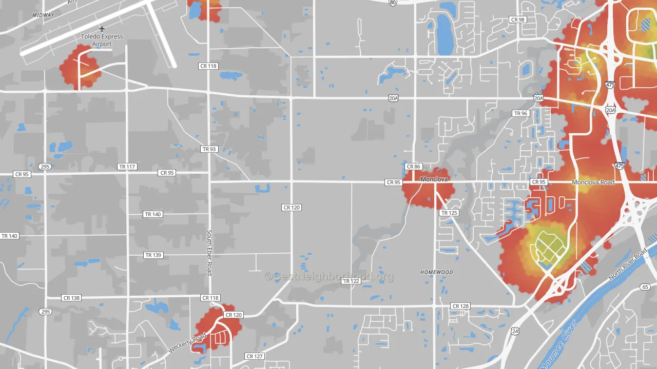 Walk Grade map of Monclova, OH, walkable areas in green and car-dependent areas in red