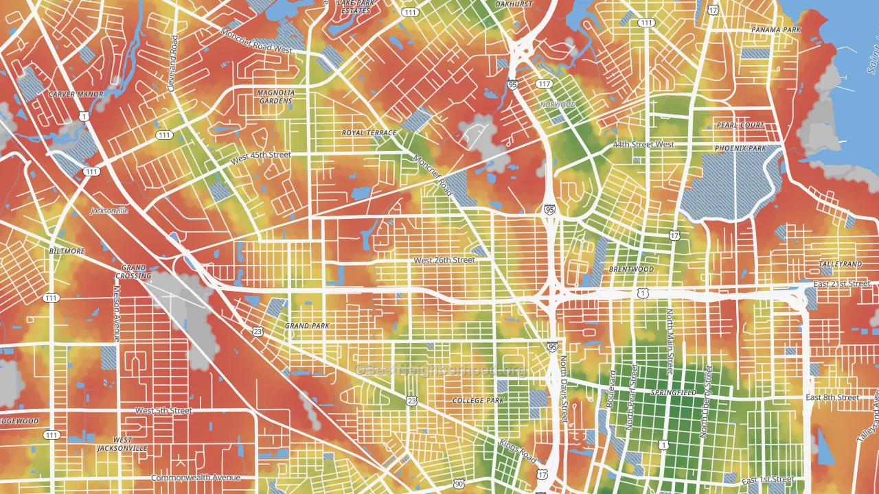 Walk Grade map of Moncrief Park, Jacksonville, FL, walkable areas in green and car-dependent areas in red