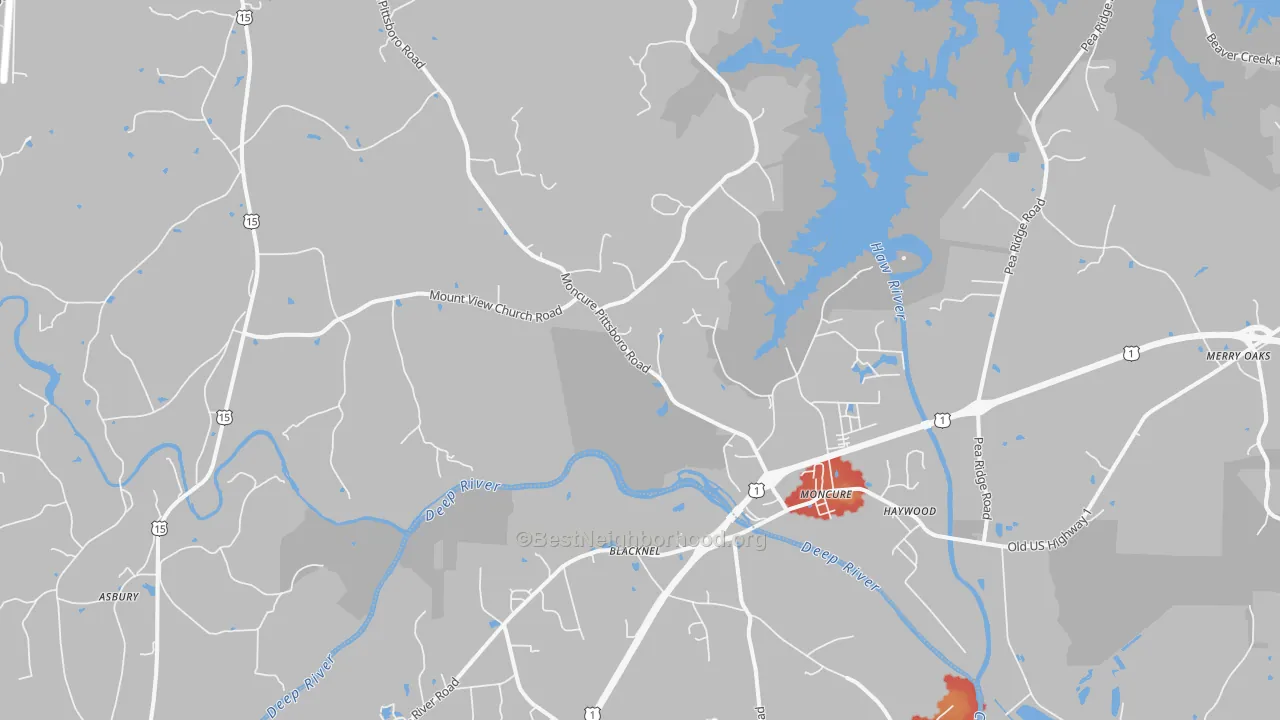 Walk Grade map of Moncure, NC, walkable areas in green and car-dependent areas in red