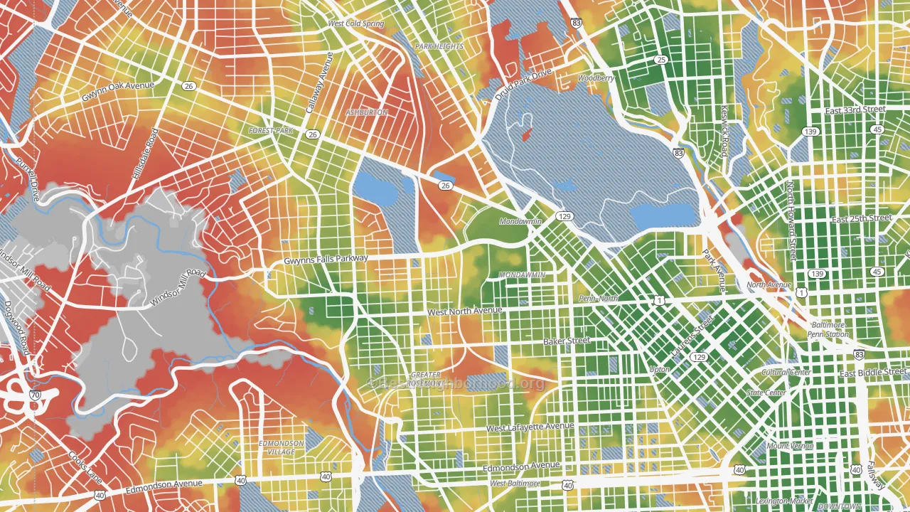 Walk Grade map of Mondawin-Walbrook, Baltimore, MD, walkable areas in green and car-dependent areas in red