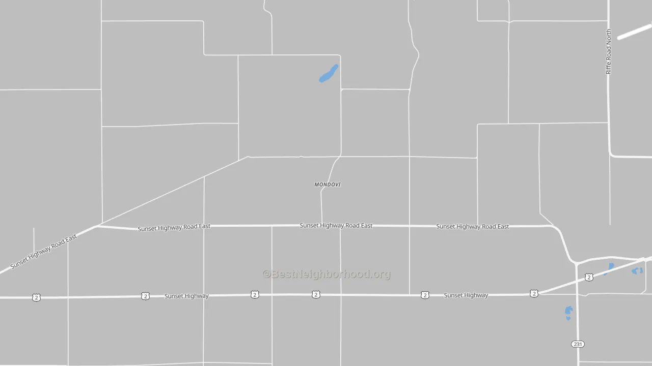 Walk Grade map of Mondovi, WA, walkable areas in green and car-dependent areas in red
