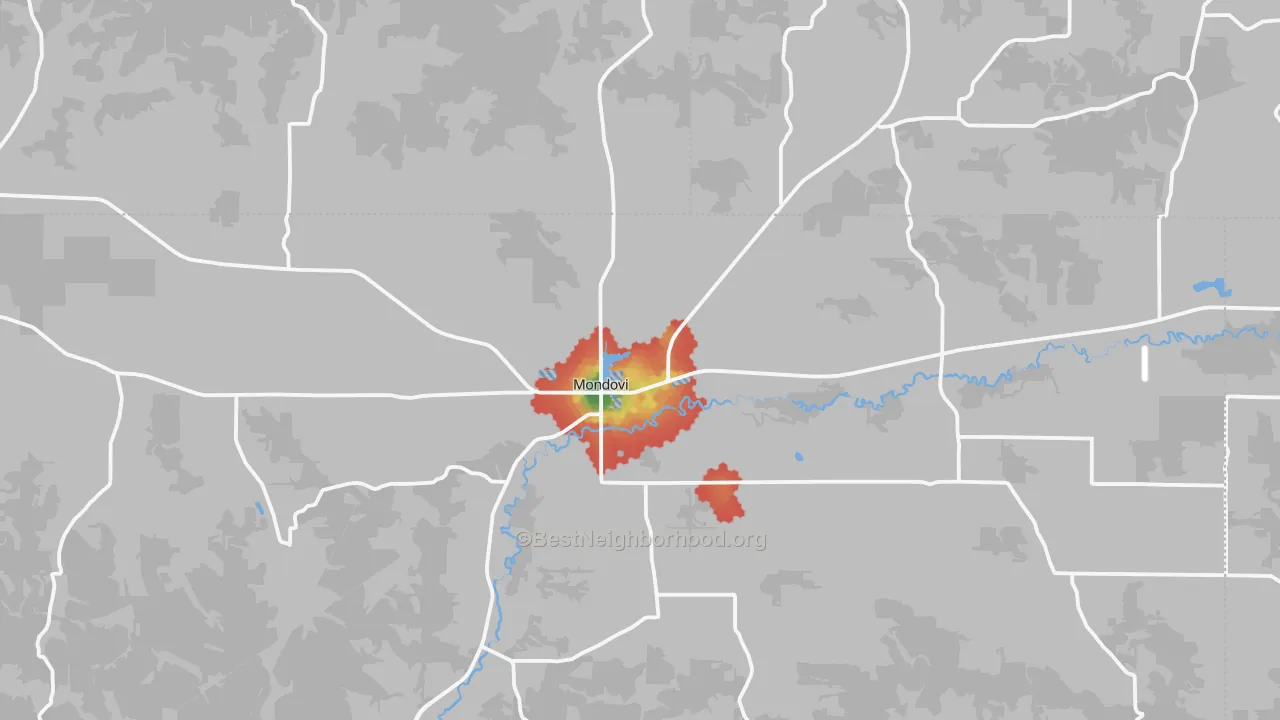 Walk Grade map of Mondovi, WI, walkable areas in green and car-dependent areas in red