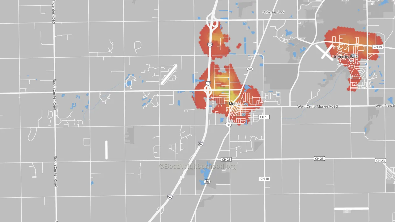 Walk Grade map of Monee, IL, walkable areas in green and car-dependent areas in red