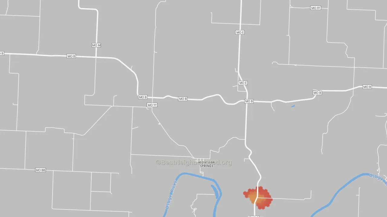 Walk Grade map of Monegaw Springs, MO, walkable areas in green and car-dependent areas in red