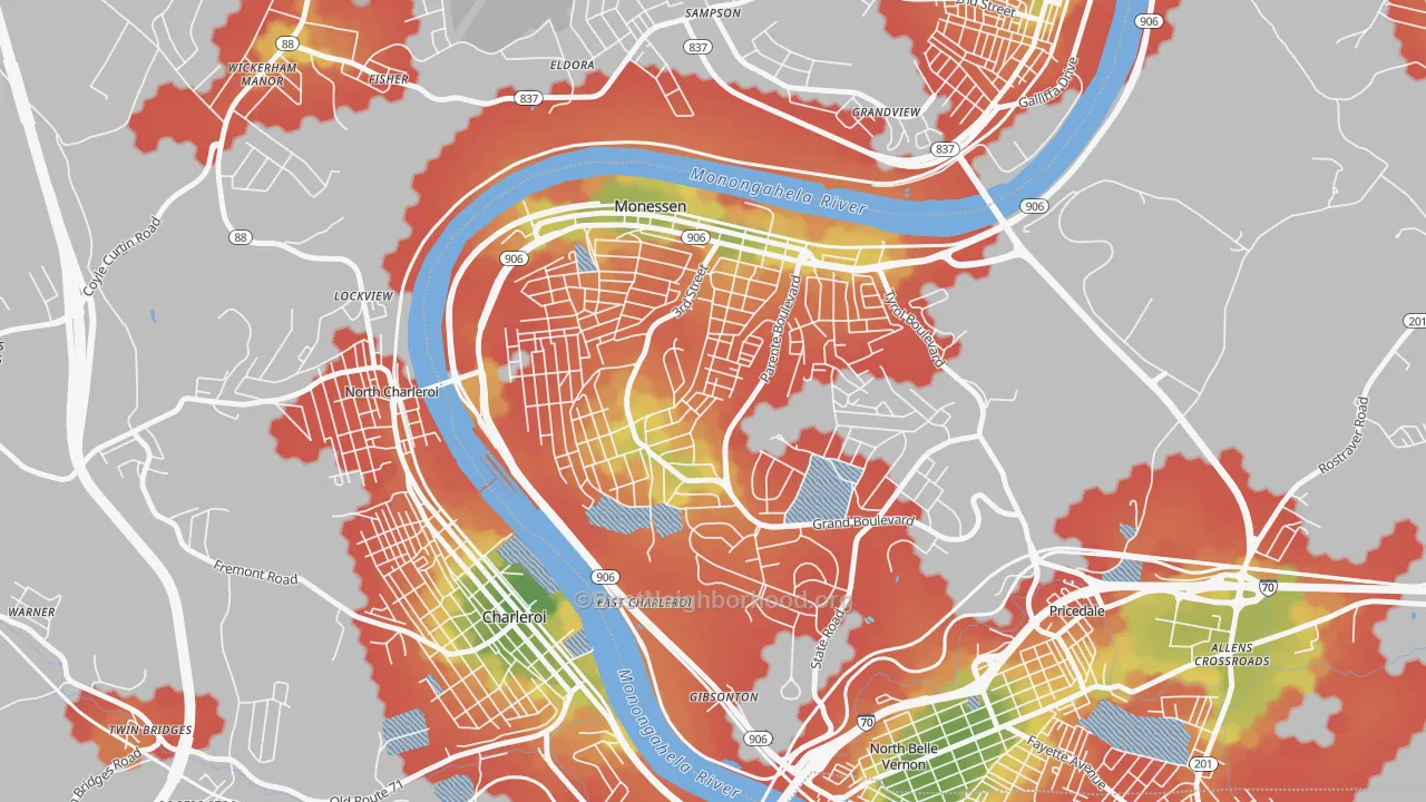 Walk Grade map of Monessen, PA, walkable areas in green and car-dependent areas in red