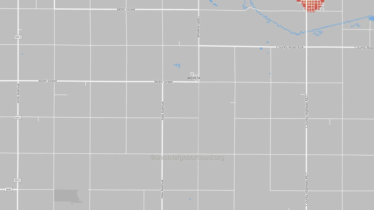 Walk Grade map of Moneta, IA, walkable areas in green and car-dependent areas in red