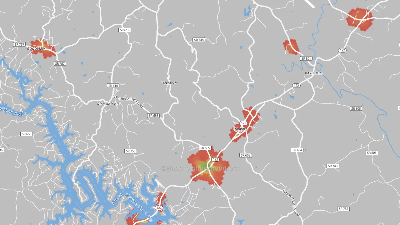 Walk Grade map of Moneta, VA, walkable areas in green and car-dependent areas in red