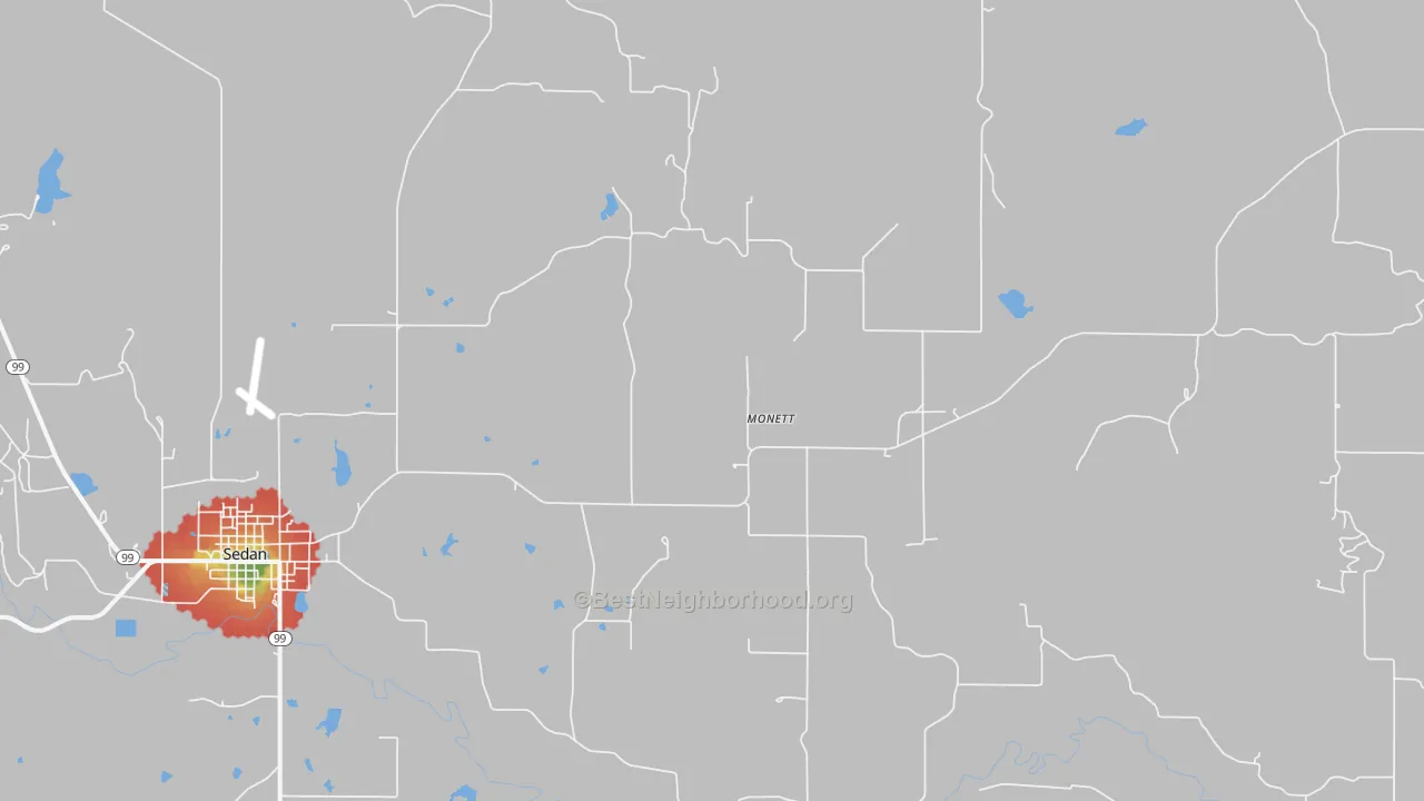 Walk Grade map of Monett, KS, walkable areas in green and car-dependent areas in red