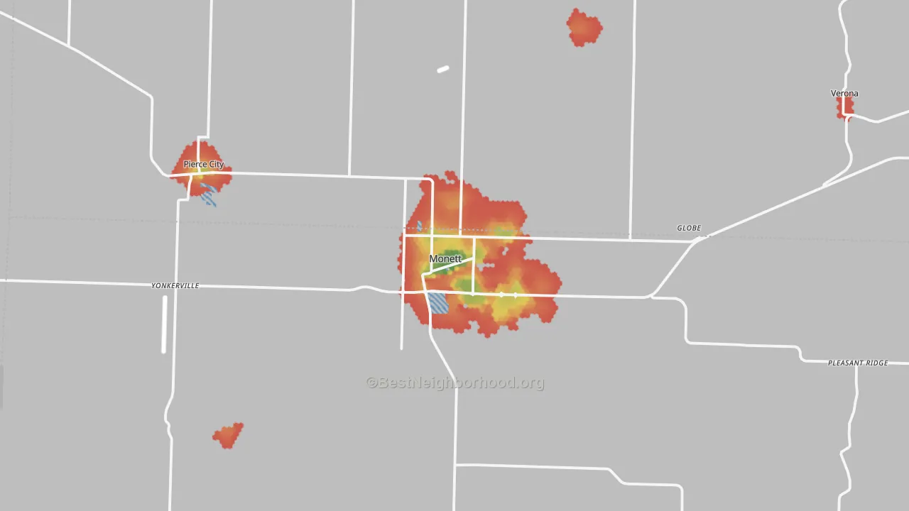Walk Grade map of Monett, MO, walkable areas in green and car-dependent areas in red