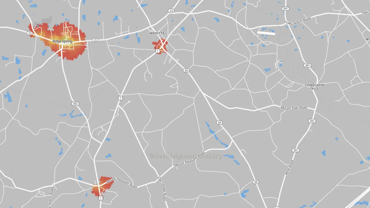 Walk Grade map of Monetta, SC, walkable areas in green and car-dependent areas in red