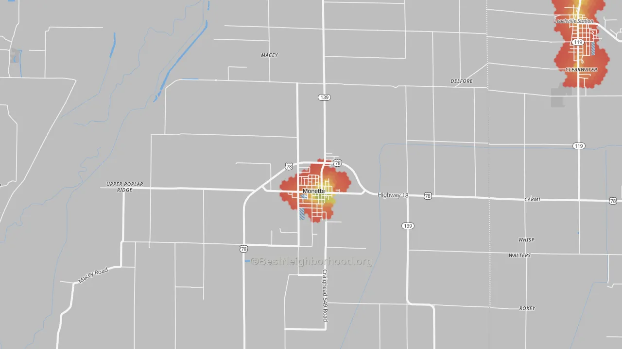 Walk Grade map of Monette, AR, walkable areas in green and car-dependent areas in red