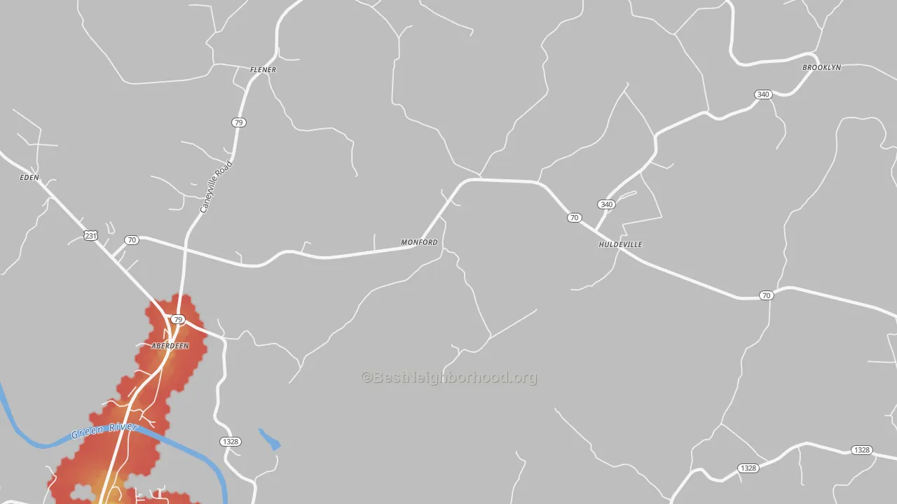Walk Grade map of Monford, KY, walkable areas in green and car-dependent areas in red