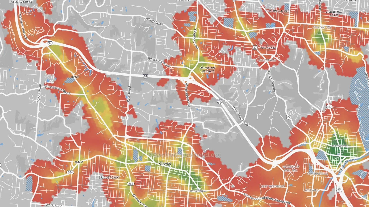 Walk Grade map of Monfort Heights South, Cincinnati, OH, walkable areas in green and car-dependent areas in red