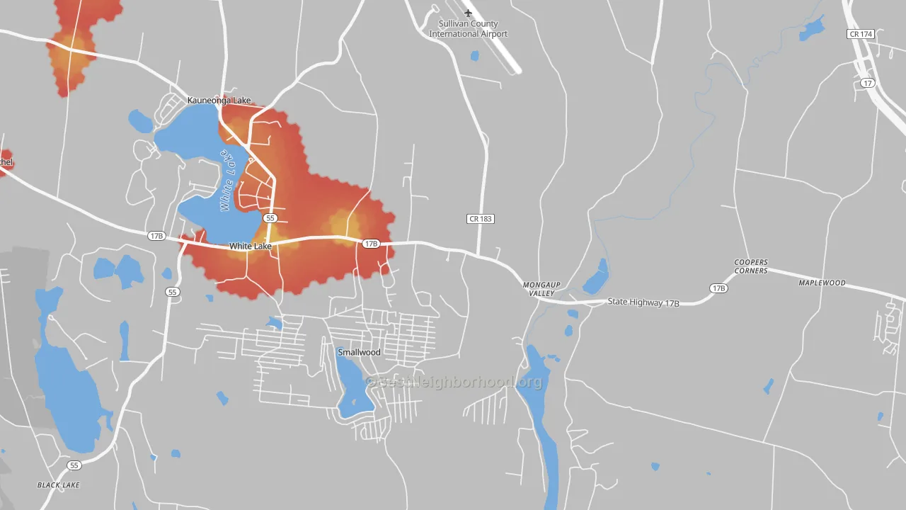 Walk Grade map of Mongaup Valley, NY, walkable areas in green and car-dependent areas in red