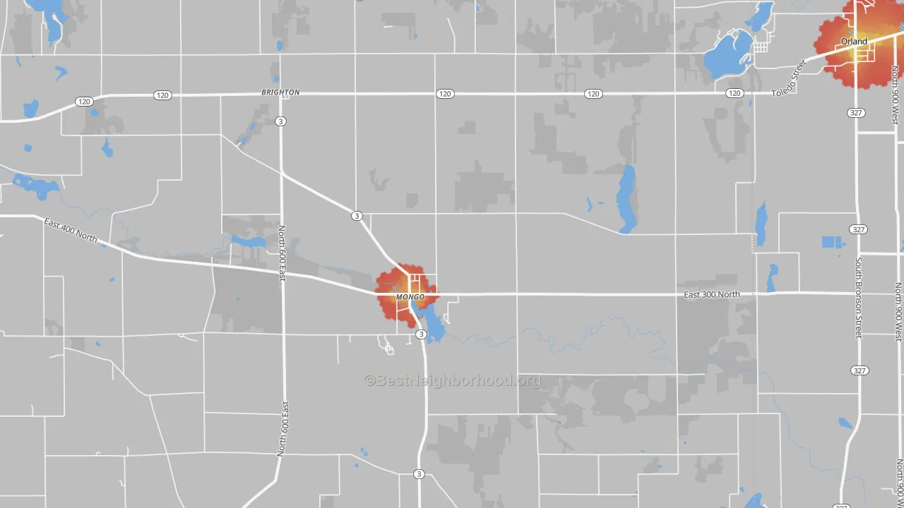 Walk Grade map of Mongo, IN, walkable areas in green and car-dependent areas in red