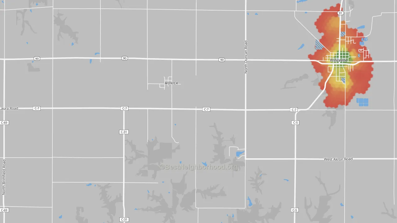 Walk Grade map of Monica, IL, walkable areas in green and car-dependent areas in red