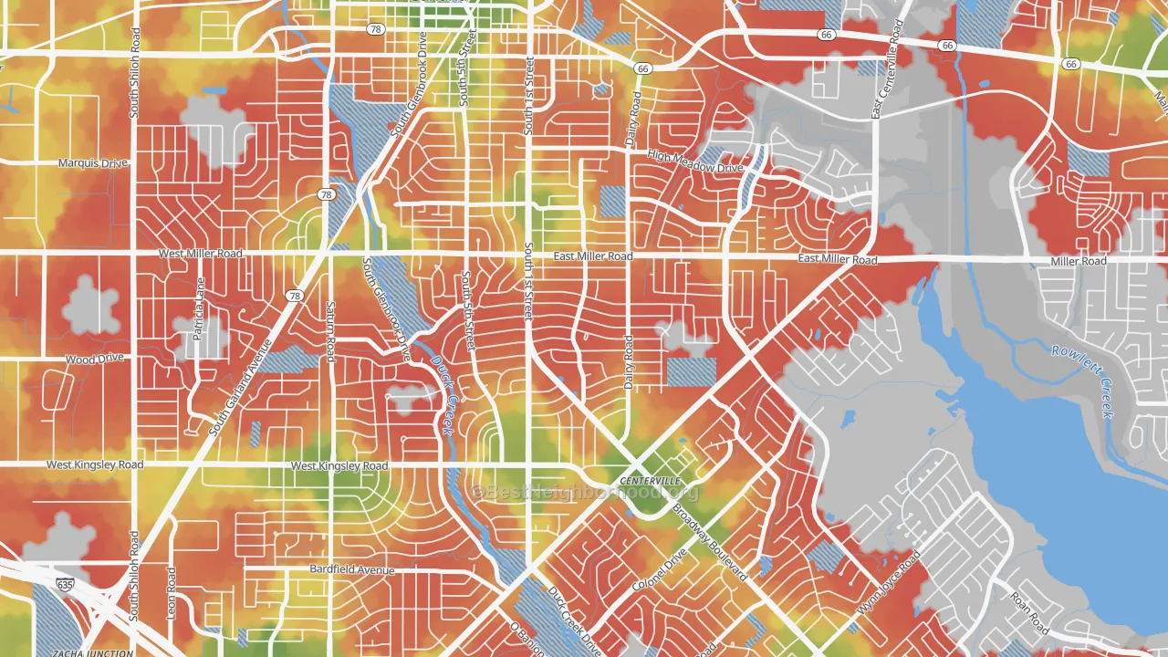 Walk Grade map of Monica Park, Garland, TX, walkable areas in green and car-dependent areas in red